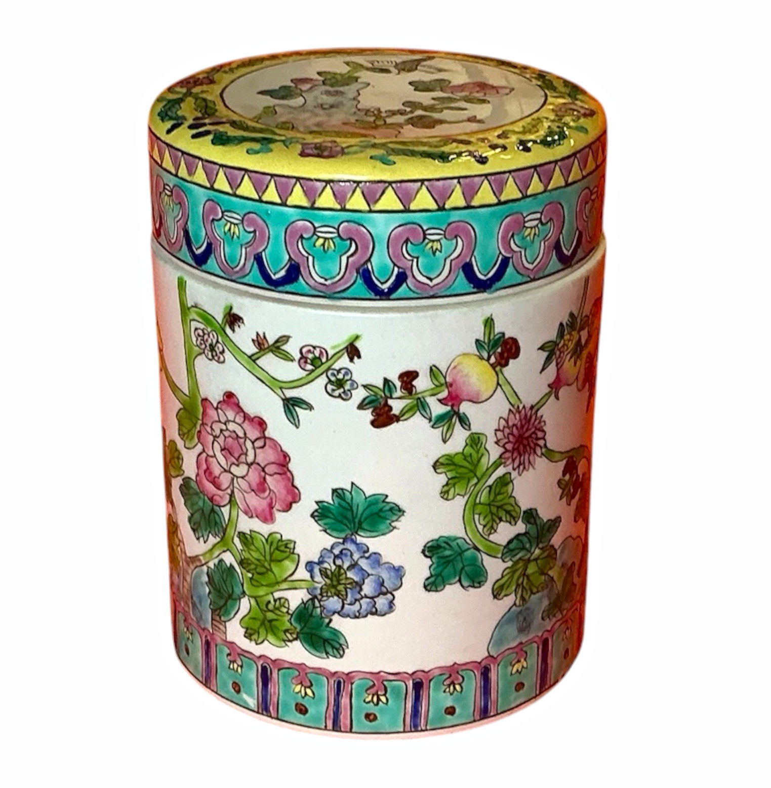 1940’s Vintage Chinese Hand Painted Floral Porcelain Canister w/ Lift-Off Lid