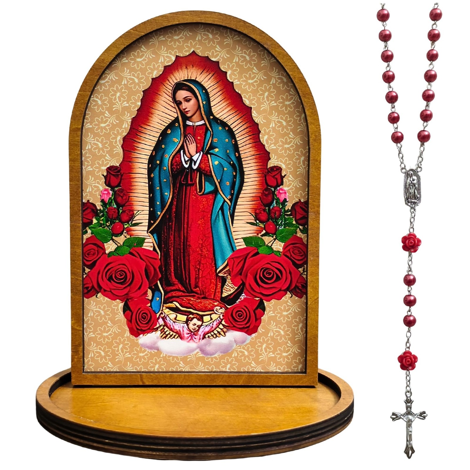 Wooden Rosary Tray with Rosary, Our Lady of Guadalupe Wood Plaque Catholic Ic... Wooden Rosary Tray with Rosary, Our Lady of Guadalupe Wood Plaque Catholic Ic...