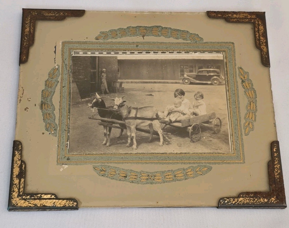 Vintage 1920s RPPC Real Photo Postcard Goat Cart Kids in Antique Art Deco Frame