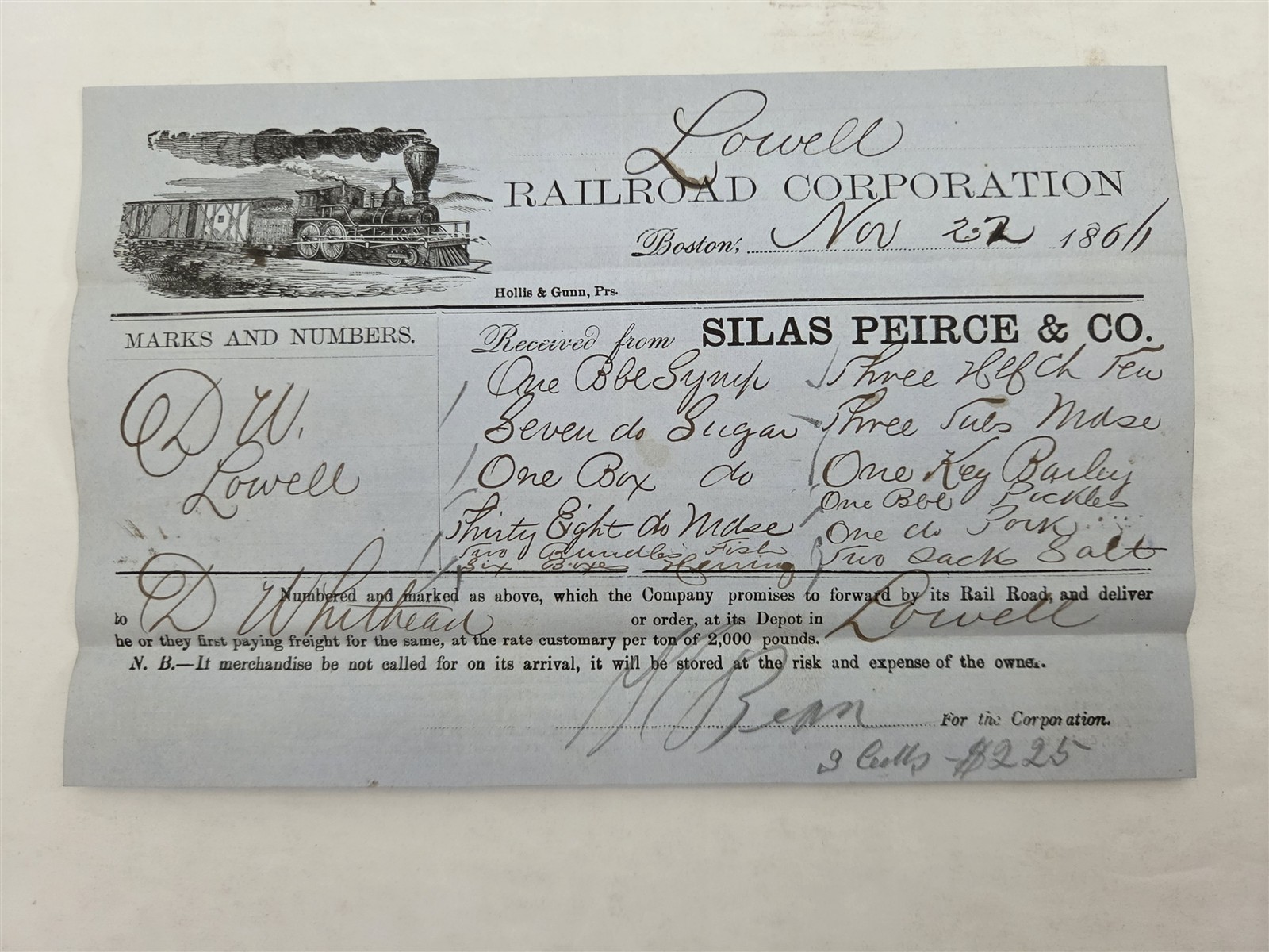 1861 antique LOWELL RAILROAD CORPORATION boston ma RR FREIGHT RECEIPT SILAS PEIR