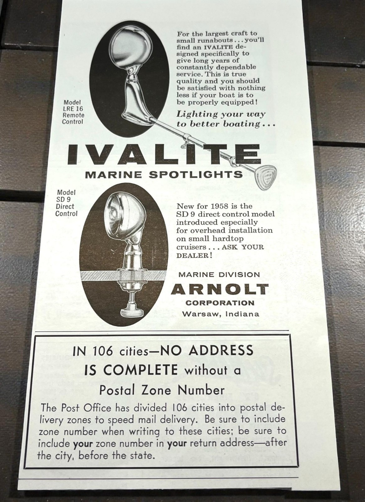 Ivalite Marine Spotlights Vintage Print Ad 1950s Arnolt Boating Supplies Boats