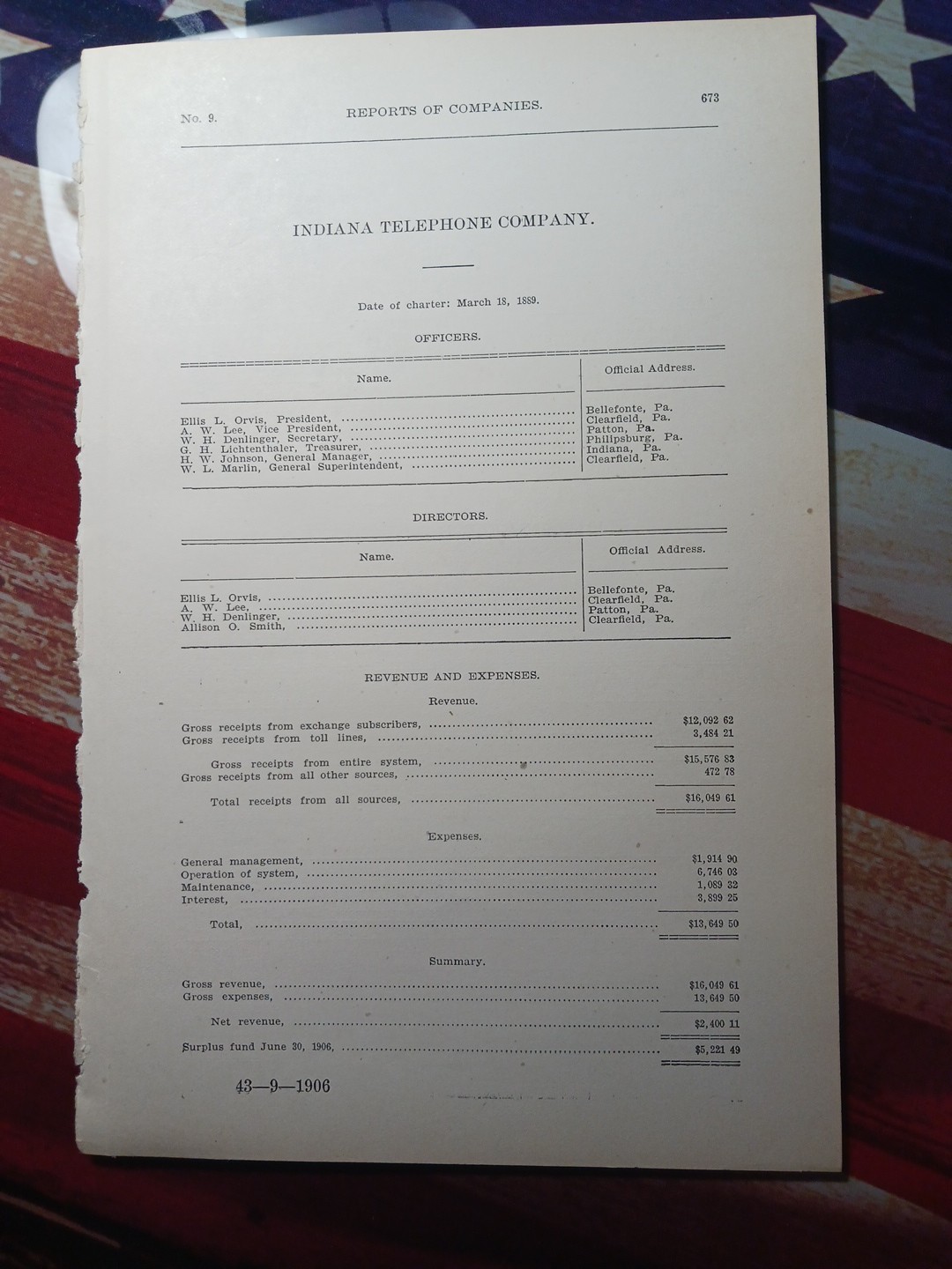 1906 rare Report of the INDIANA TELEPHONE COMPANY Pennsylvania  Ellis Orvis