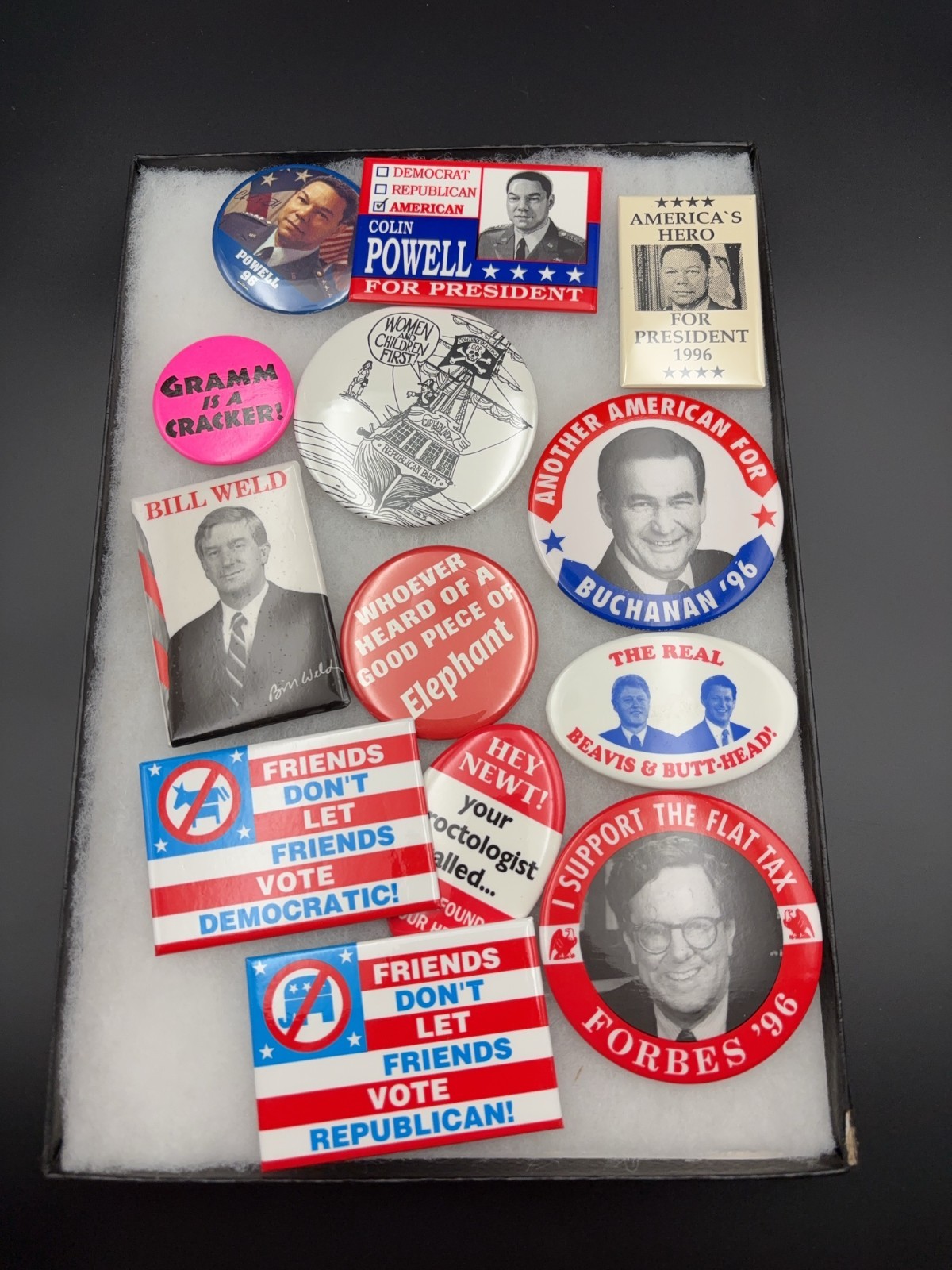 1996 Presidential Campaign Novelty Button Collection - Powell, Forbes, Buchanan 1996 Presidential Campaign Novelty Button Collection - Powell, Forbes, Buchanan