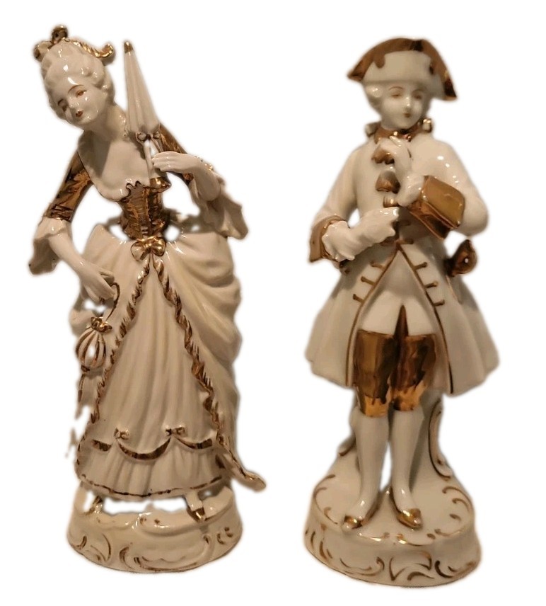 2 Vintage Porcelain Figurines Lady and Young Man White And Gold Trim Japan 