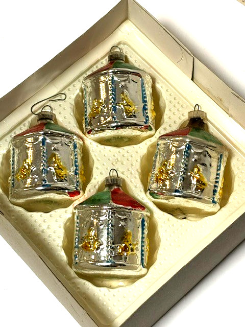 Four Vtg German Beautiful Hand Painted Mercury Glass Carousel Christmas Ornament