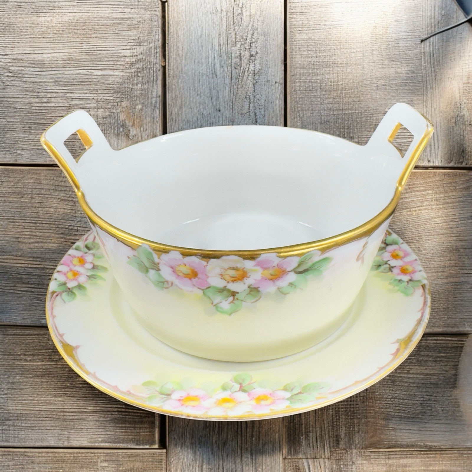 Antique T & V Limoges Butter Tub Hand Painted Porcelain Dish With Under Plate