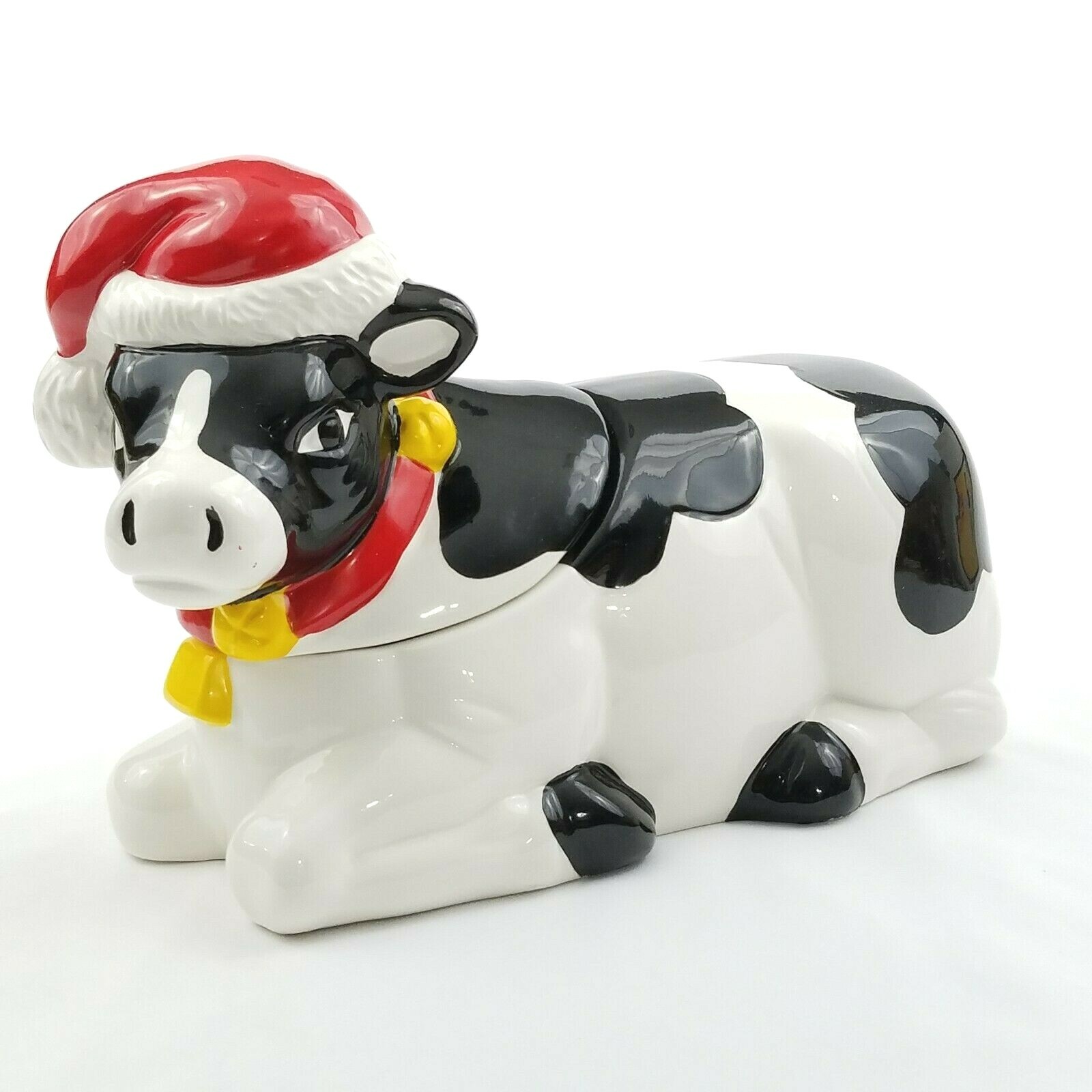 Christmas Cow Cookie Jar Earthenware Santa Hat Moos Vintage