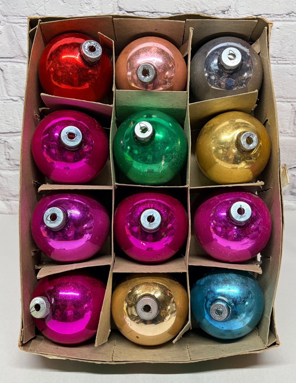 Vtg Shiny Brite XL Jumbo Glass Ornaments Box Of 12 Solid Color 3.5” Pink Purple Vtg Shiny Brite XL Jumbo Glass Ornaments Box Of 12 Solid Color 3.5” Pink Purple