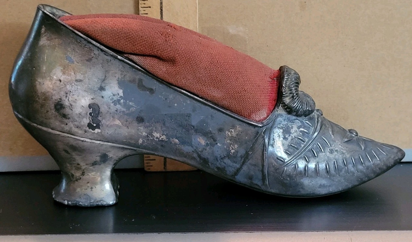 Antique Pin Cushion In Silver Clad Shoe