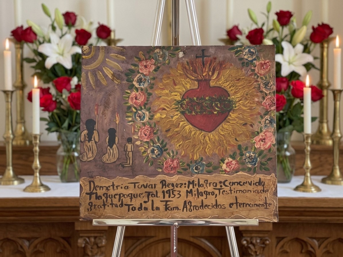Sagrado Corazón 1953 Mexican Ex Voto Retablo Tlaquepaque Jalisco 12 in