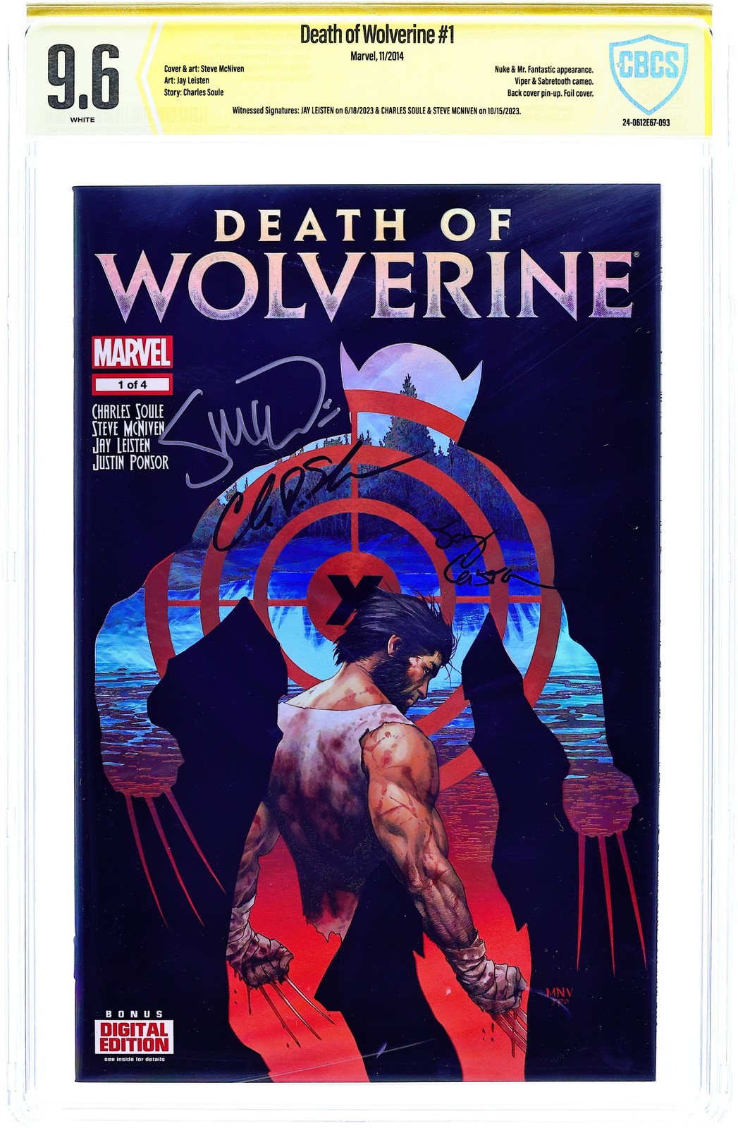 Death of Wolverine 1A McNiven CBCS 9.6 Witnessed Sig Leisten/Soule/McNiven 2014