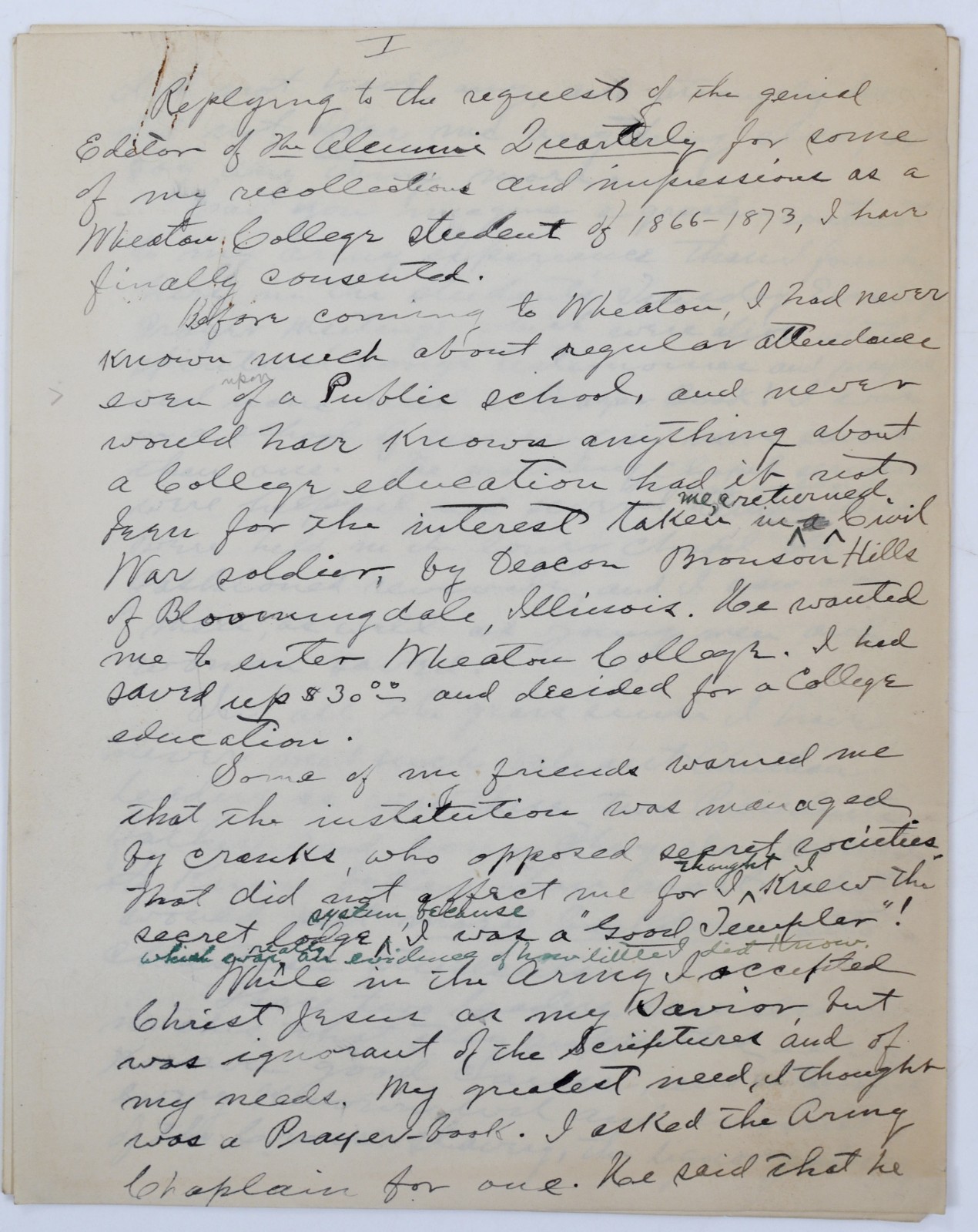 William Irving Phillips Wheaton Class of 1873 5pp Manuscript Blanchard Civil War