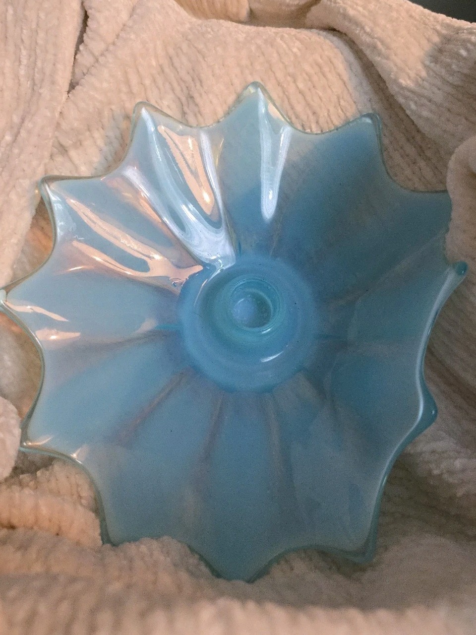 Vintage Fostoria HEIRLOOM Opalescent Blue Rolled Edge Single Candle Holder 8” Vintage Fostoria HEIRLOOM Opalescent Blue Rolled Edge Single Candle Holder 8”