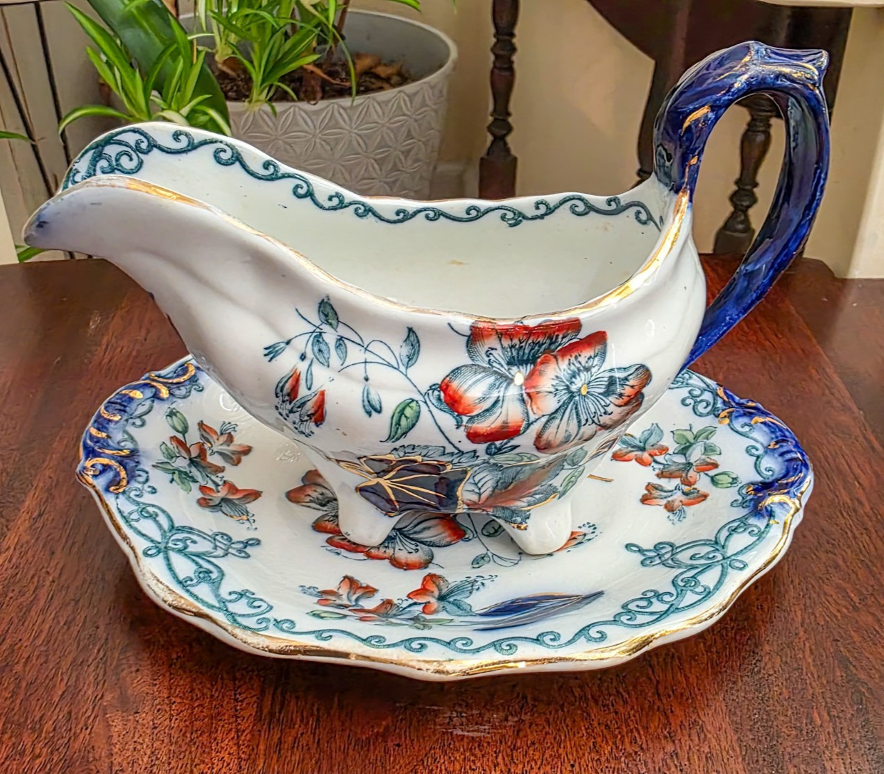 RARE-Antique Burgess & Leigh Flow Blue Apsley Plants Gravy Boat & Underplate Set