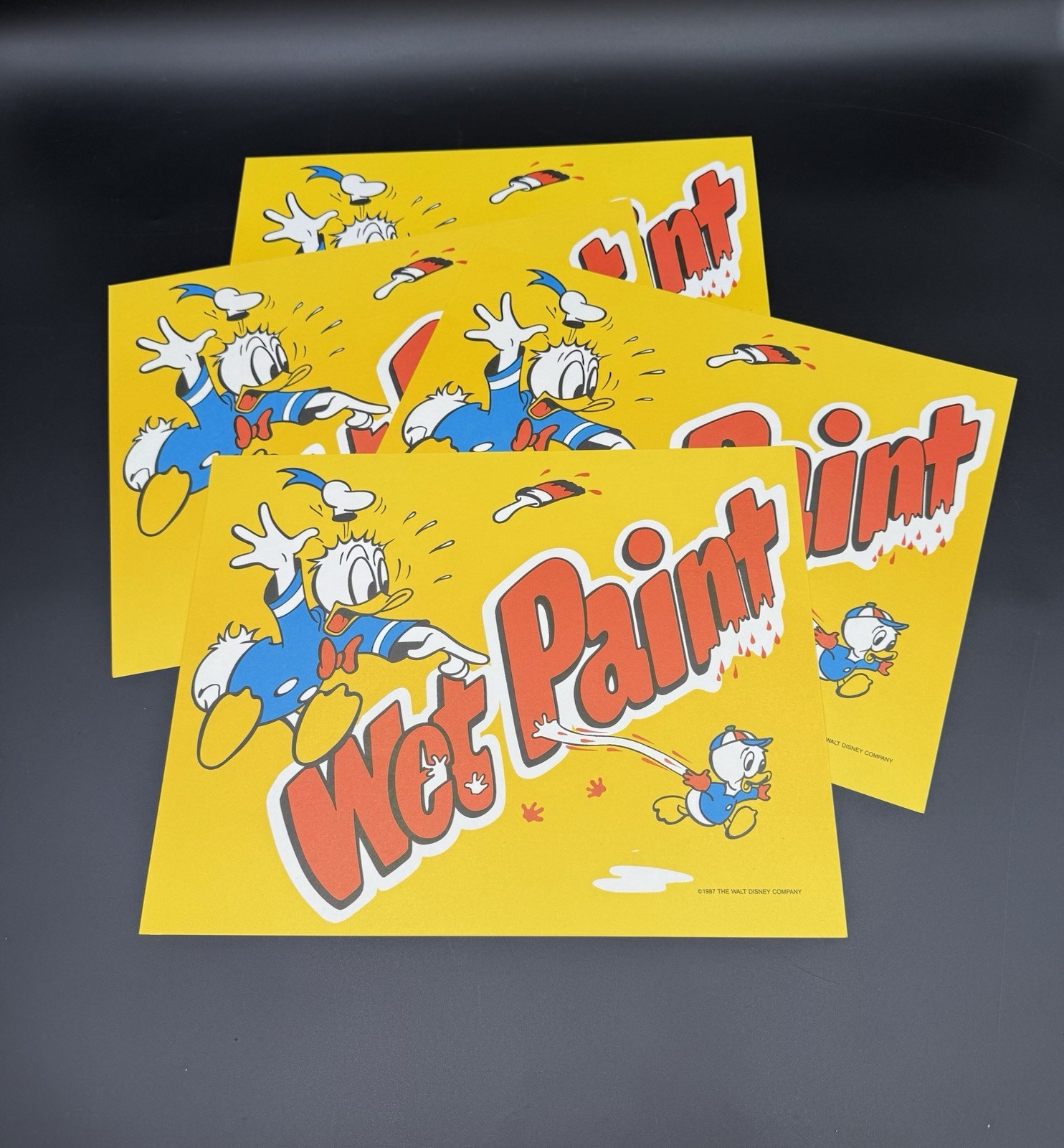 (4) Vintage 1987 Donald Duck Wet Paint Signs Walt Disney Company Paint Prop Lot