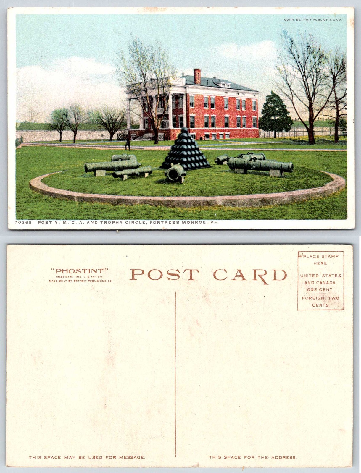 Fortress Monroe Virginia Post YMCA Trophy Circle Phostint 70268 Postcard AM732