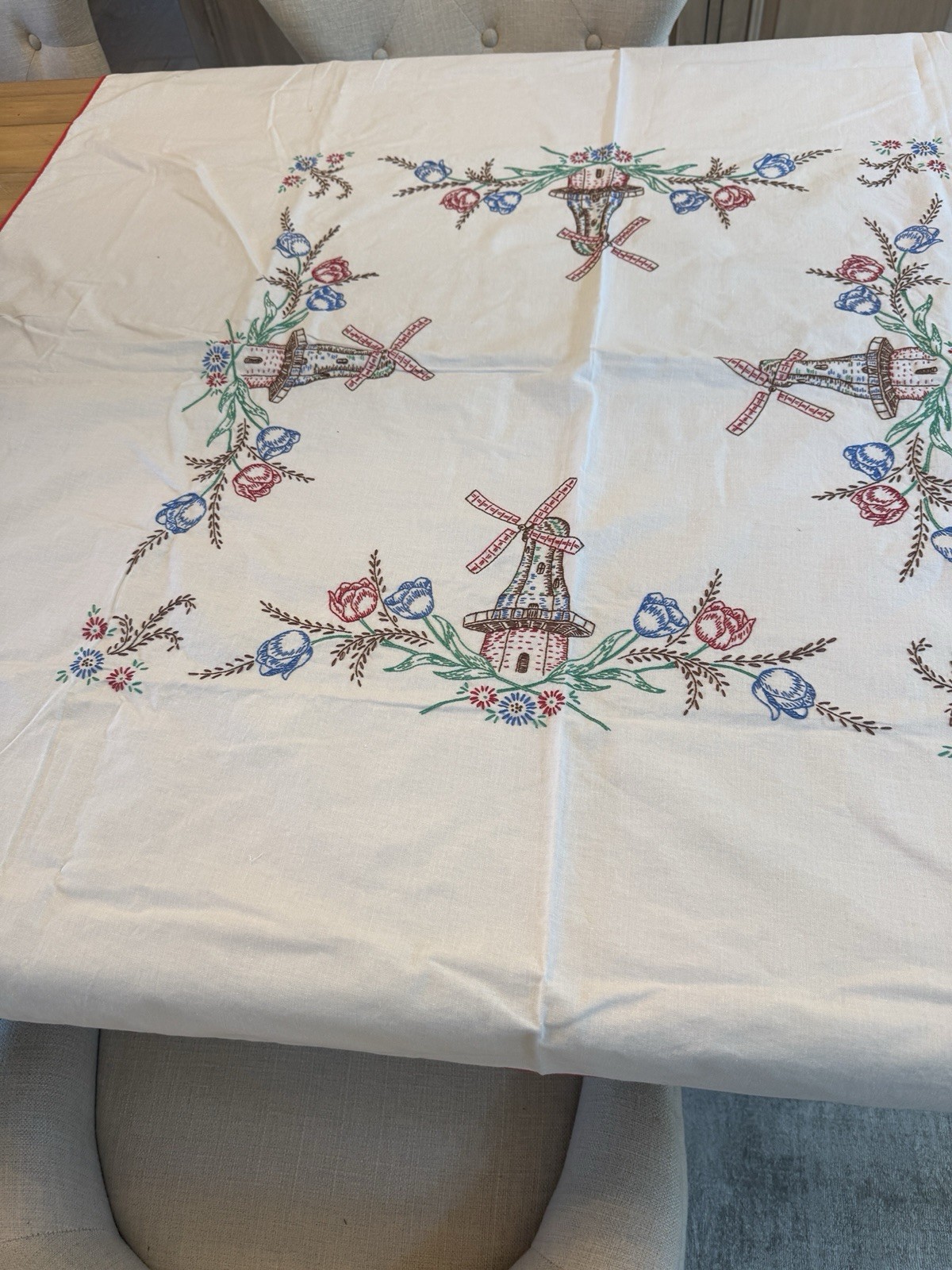 Vintage Dutch Windmill Tulip Embroidered Cotton Tablecloth 50.5” Square