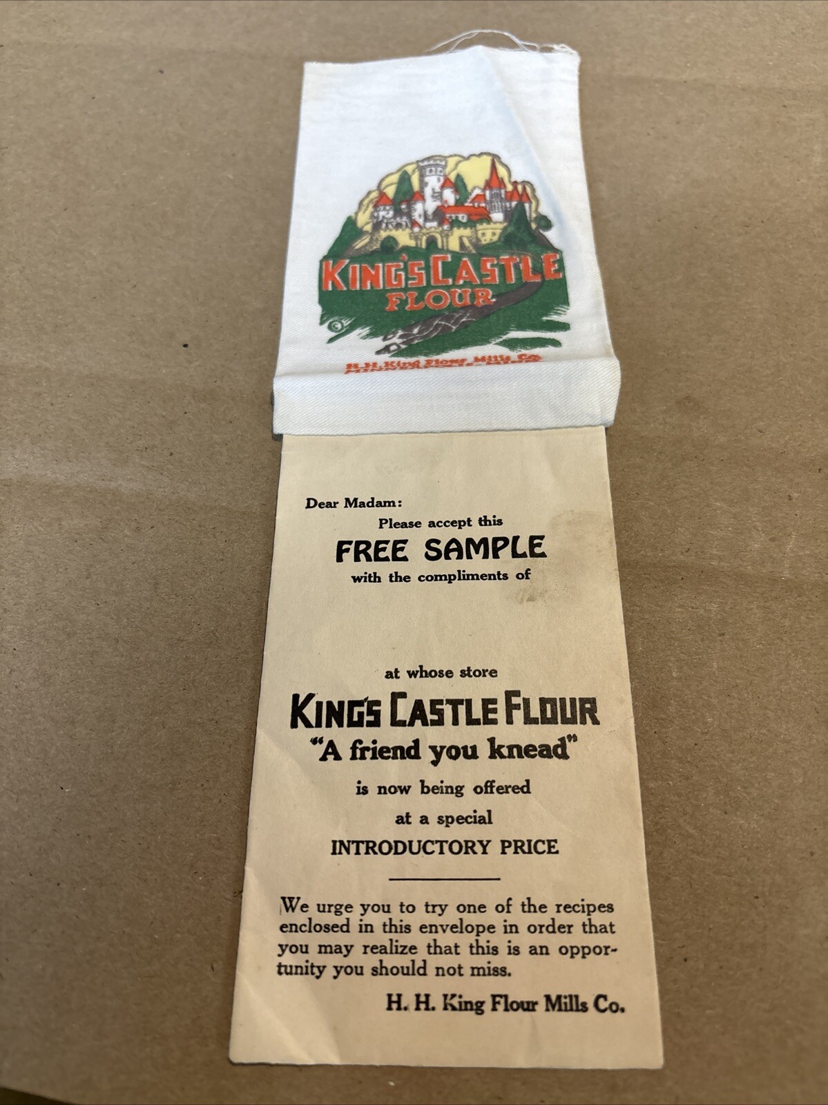 KING\'S CASTLE FLOUR -“FREE SAMPLE BAG” - Attached Envelope 1920\'s CLEAN #V