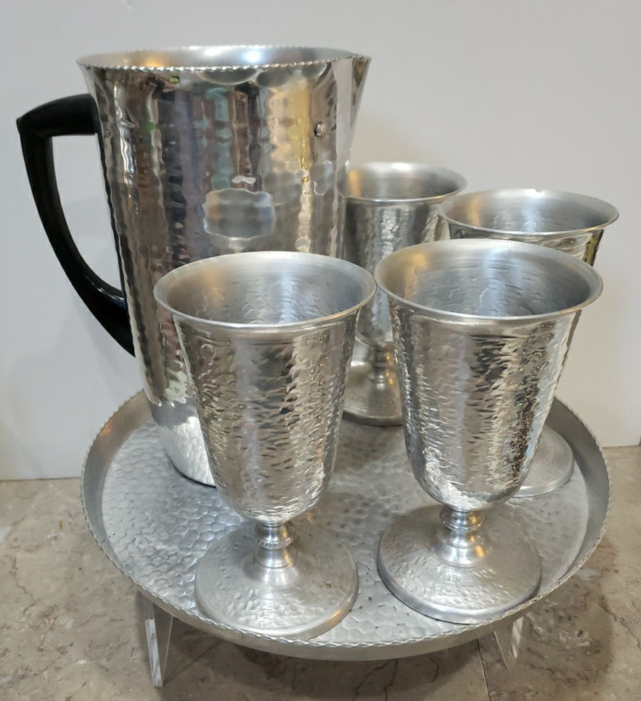 MCM Vintage MMMSA Spain Hammered Aluminum Pitcher, 4 Goblet Cups & Serving Tray MCM Vintage MMMSA Spain Hammered Aluminum Pitcher, 4 Goblet Cups & Serving Tray