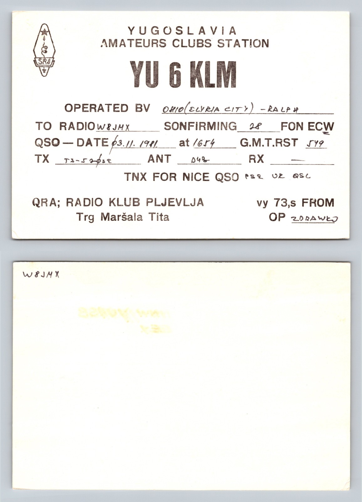 Ham Radio QSL QSO Postcard YU6KLM, Pljevlja, Montenegro, Yugoslavia Ham Radio QSL QSO Postcard YU6KLM, Pljevlja, Montenegro, Yugoslavia