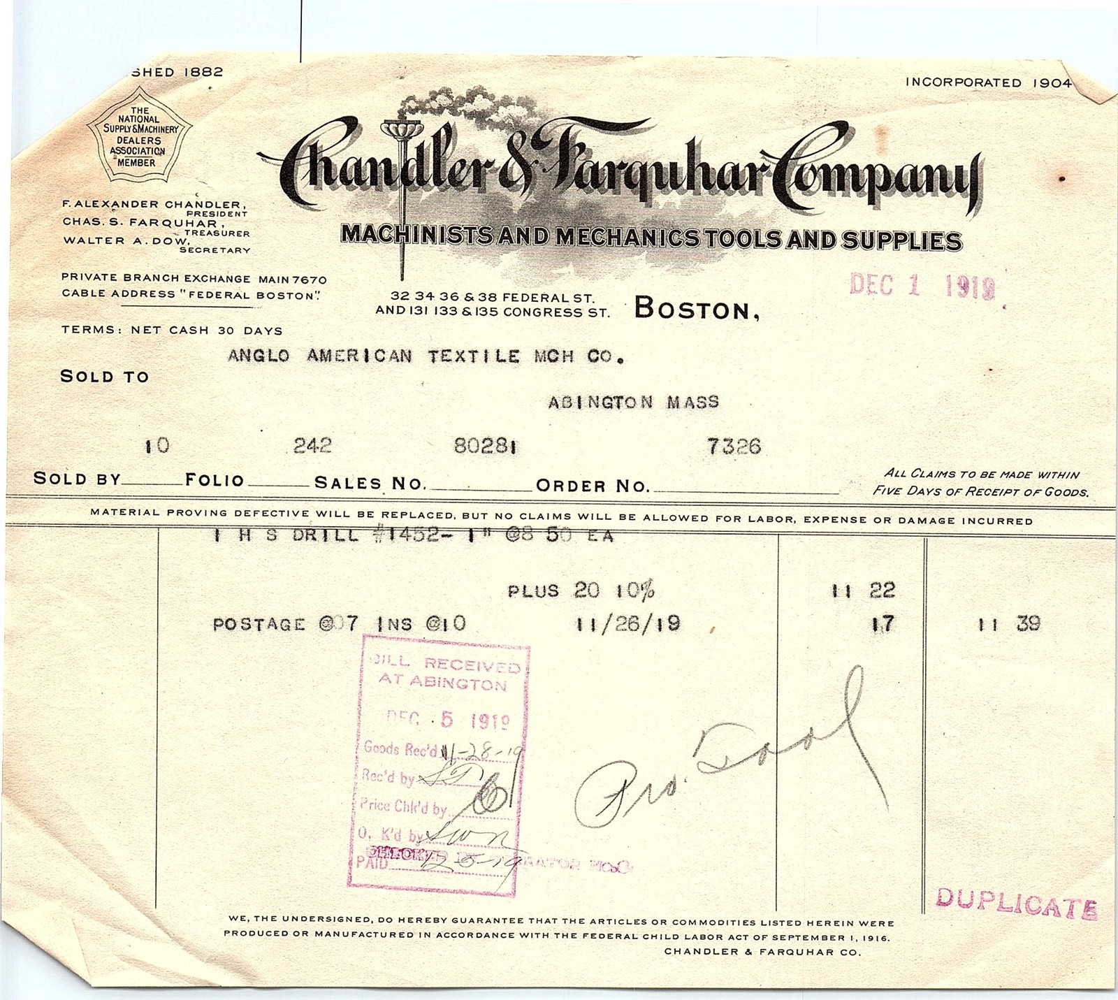 1919 Chandler & Farquhar Co. Tools Billhead, Boston, MA