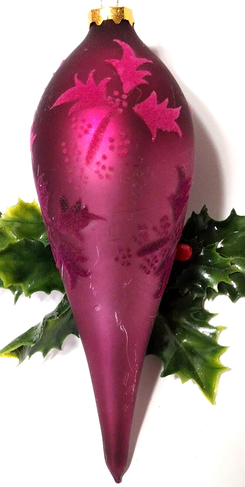 Vintage Glass Christmas Teardrop Ornament RED Burgundy Wine Textured Stenciled