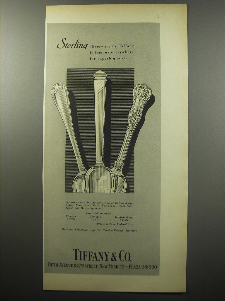 1955 Tiffany & Co. Silverware Advertisement - Flemish, Hampton and English King 1955 Tiffany & Co. Silverware Advertisement - Flemish, Hampton and English King