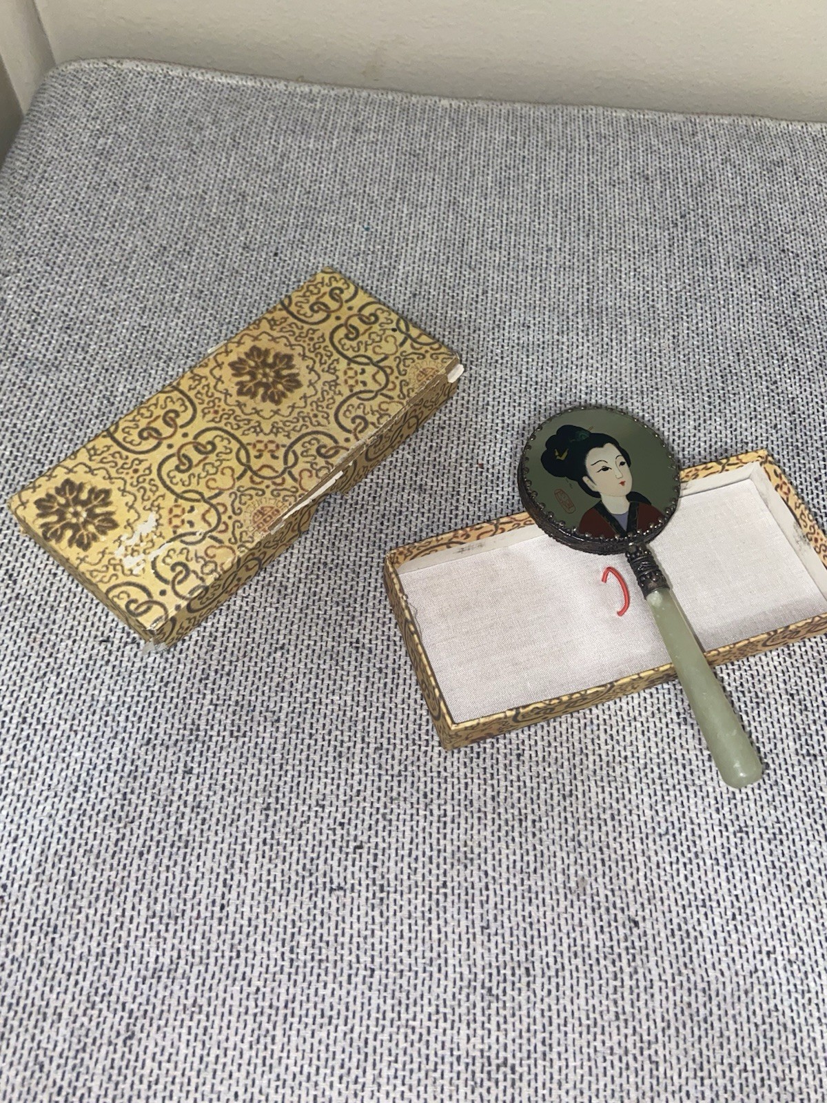 Vintage Chinese Hand Mirror with Pale Celadon Jade Handle & Original Box