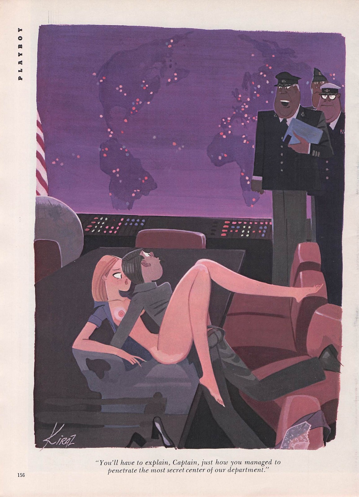 Vintage Cartoon Art funny humor sexy woman spy playboy long legs purple military