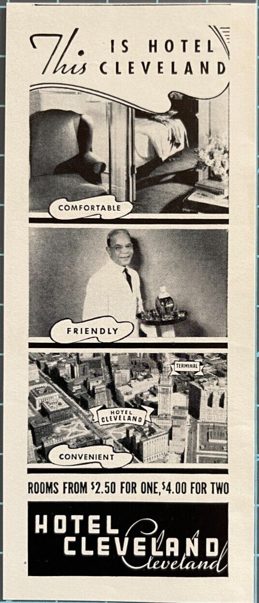 1937 Hotel Cleveland Print Ad Comfortable Friendly Rooms Vintage Ephemera