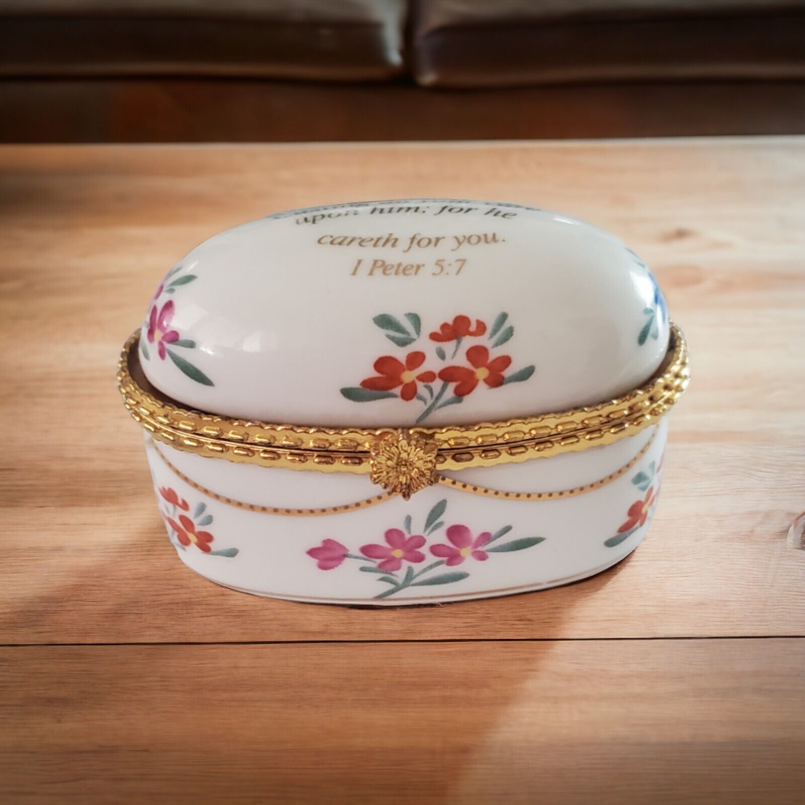 Imperial Porcelain Trinket Box Roses Oval Bible Verse 1 Peter 5:7