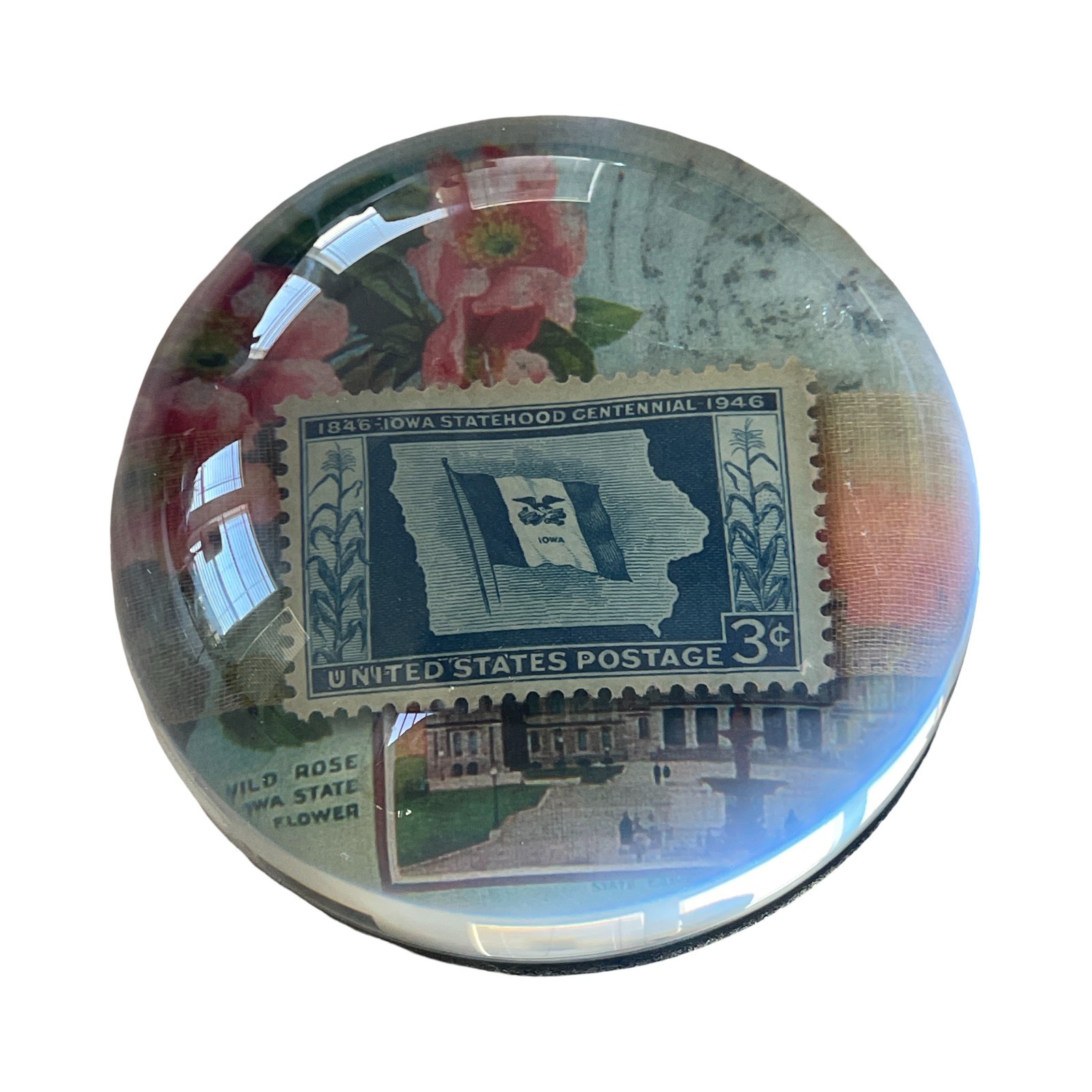Iowa State Postage Stamp Dome  Paperweight 3  cent 3.5 *