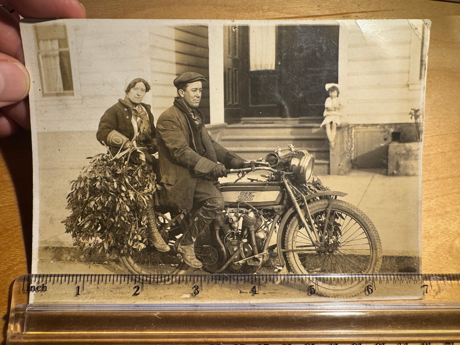 c1910 THOR Motorcycle MAN & WOMAN w MISTLETOE ? Antique Vintage Photo