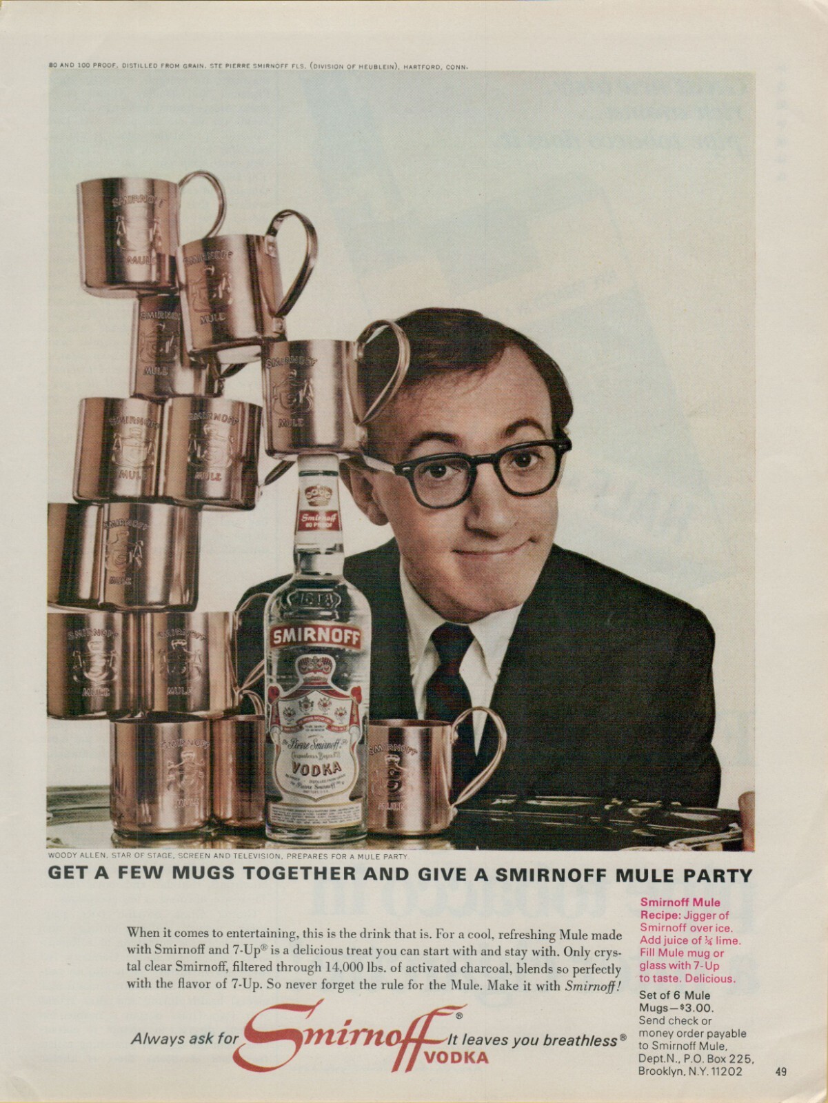 1966 Smirnoff Vodka Russian Mule Party Mugs Woody Allen Photo VINTAGE PRINT AD 1966 Smirnoff Vodka Russian Mule Party Mugs Woody Allen Photo VINTAGE PRINT AD