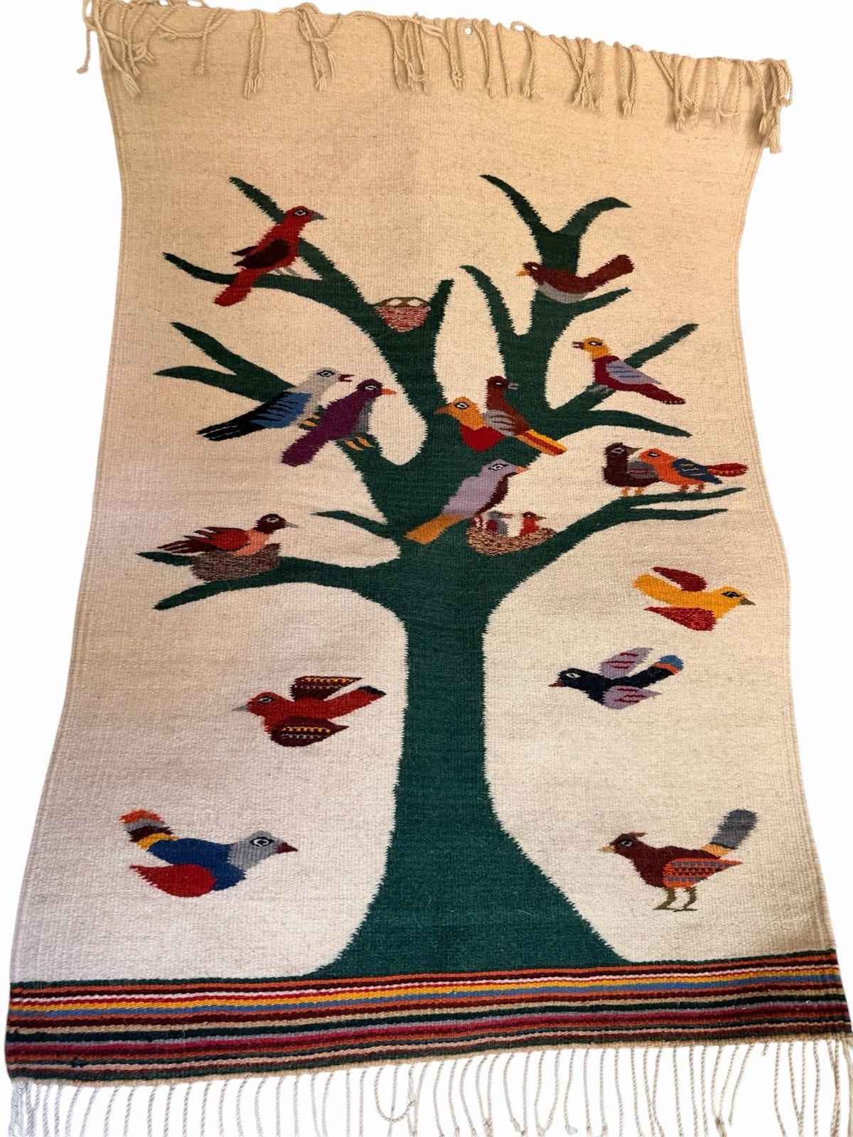 Vintage Handwoven Wool Tapestry, Zapotec/Peruvian Tree Of Life Birds 32x45 Rug