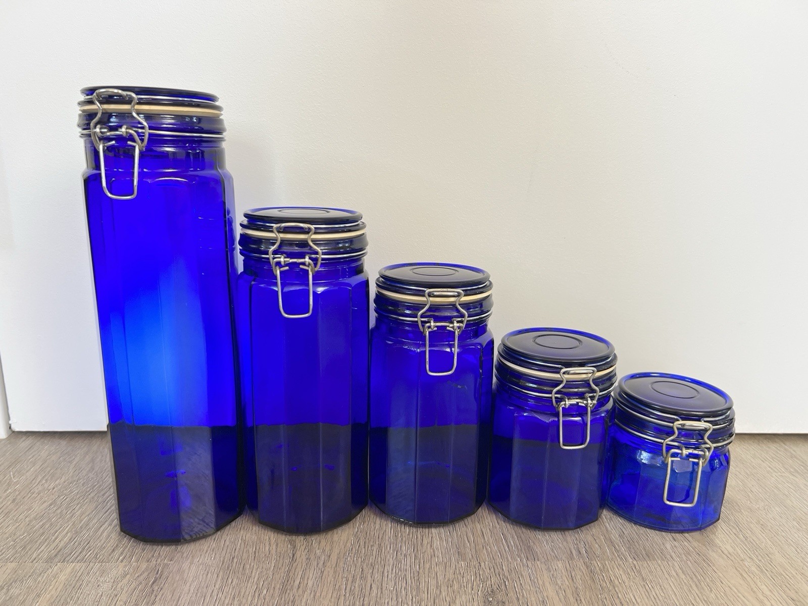 Vintage 12-Panel Design Cobalt Blue Glass Canister Set Of 5 Wire Bail Lids Vintage 12-Panel Design Cobalt Blue Glass Canister Set Of 5 Wire Bail Lids