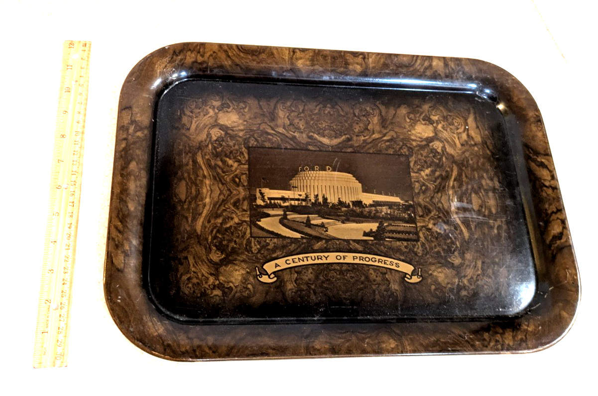1934 Chicago Worlds Fair Century of Progress Ford Building metal tray Vintage