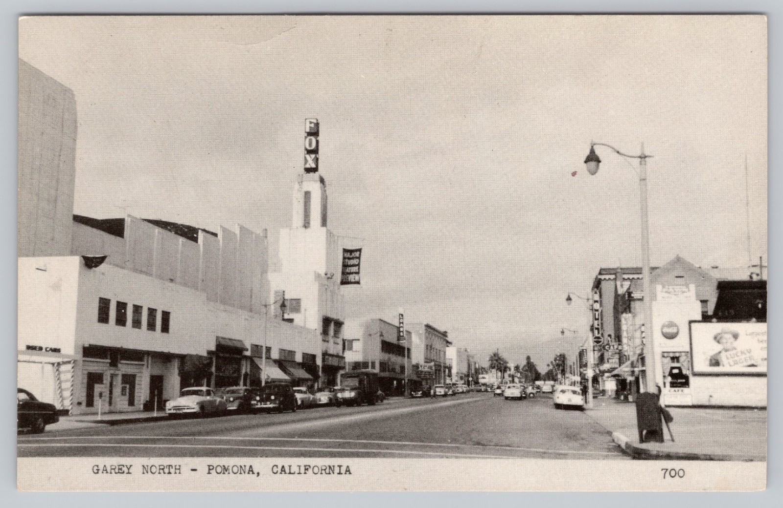 Garey Ave, Fox Movie Theater, Hotel, Cafe, Pomona CA California Postcard 1950s Garey Ave, Fox Movie Theater, Hotel, Cafe, Pomona CA California Postcard 1950s