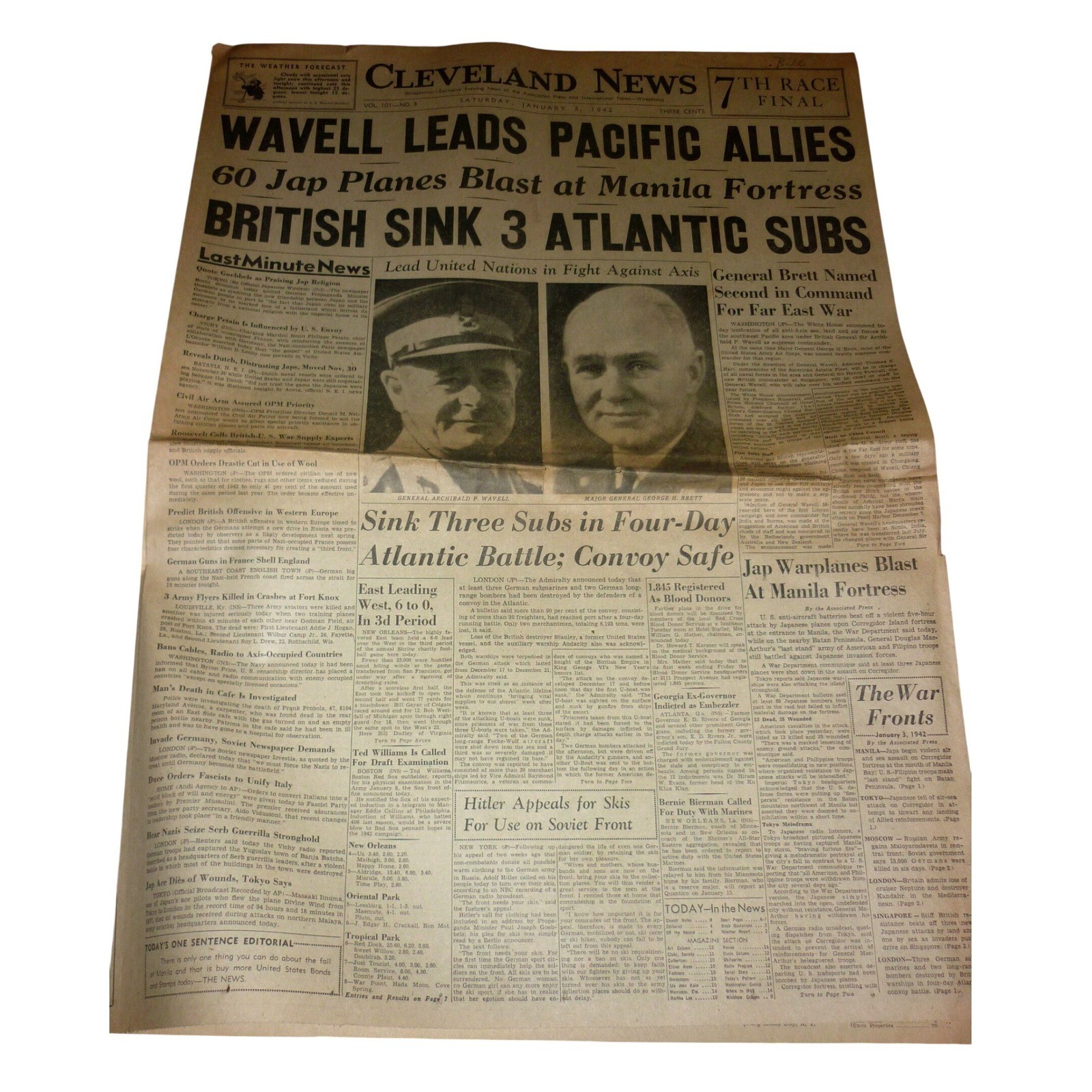 Vintage Jan 3 1942 Cleveland News Newspaper WWII General Wavell ABDACOM Manila Vintage Jan 3 1942 Cleveland News Newspaper WWII General Wavell ABDACOM Manila