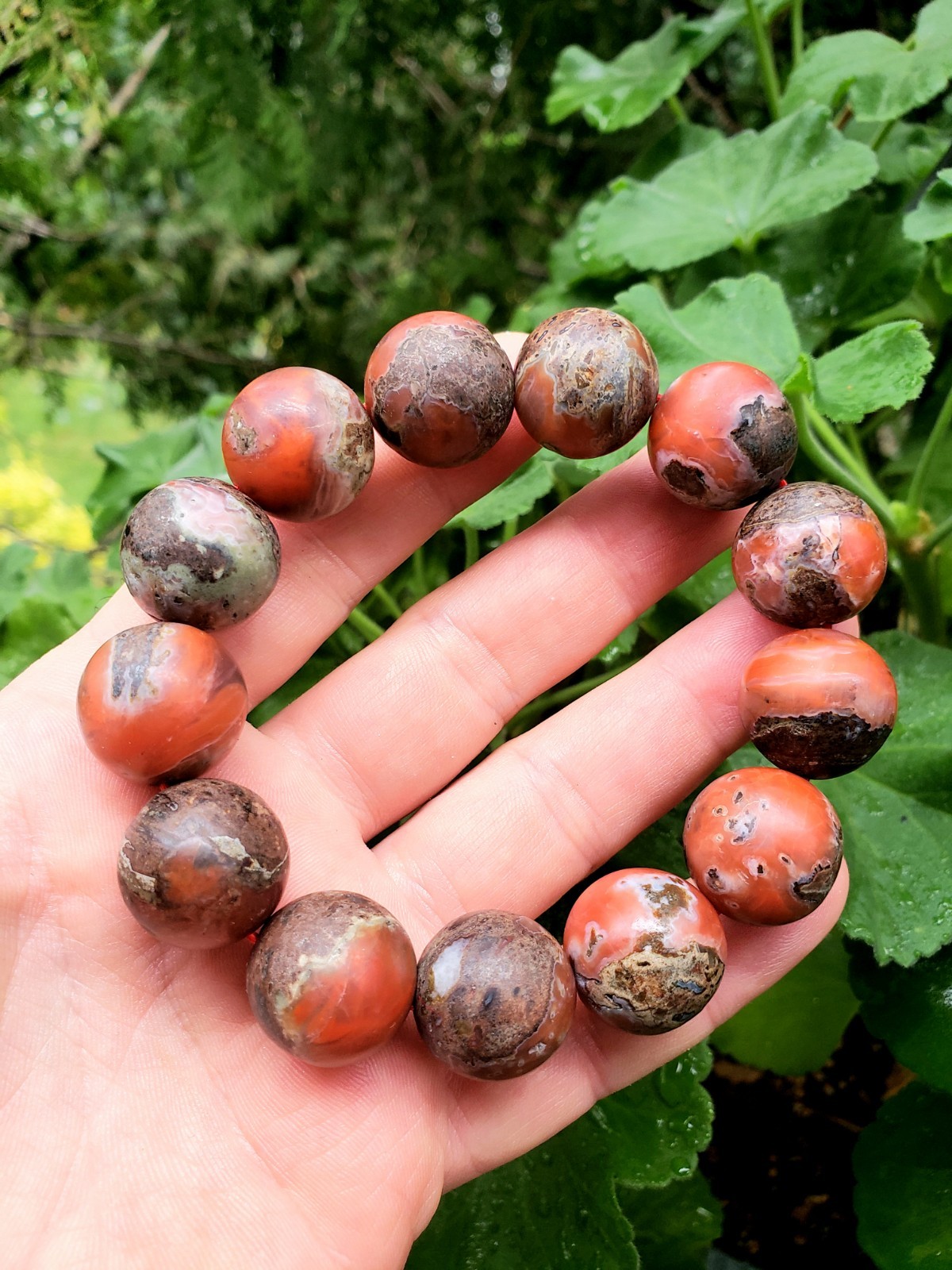 Beautiful Old Chinese Baoshan Nanhong Agate Raw Skin Bead Bracelet Very Rare