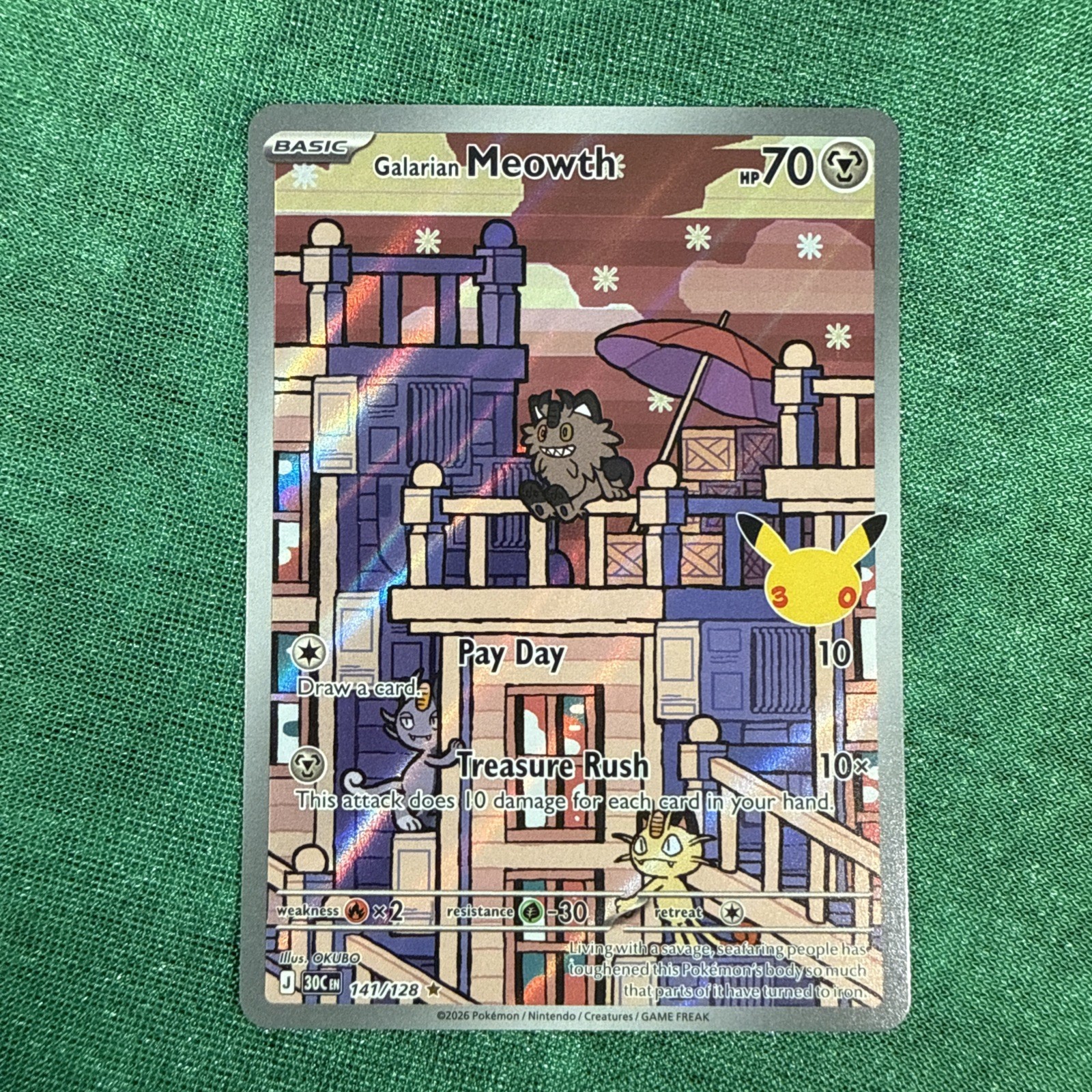 Pokémon 30th Celebration Anniversary Illustration Rare Galarian Meowth 141/128