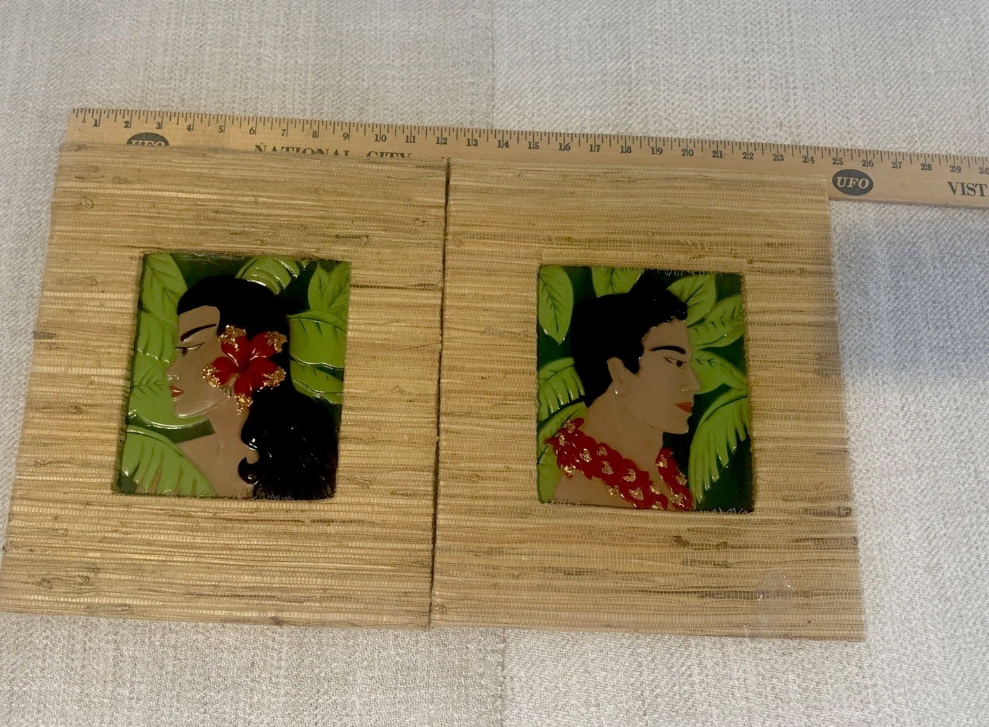 Vintage Female & Male Hula Hawaiian Pictures Celluloid Relief Wanda Irwin 1948 Vintage Female & Male Hula Hawaiian Pictures Celluloid Relief Wanda Irwin 1948