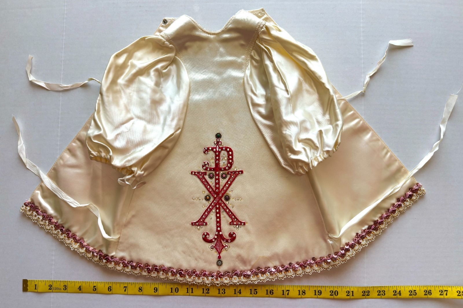 Vintage Infant of Prague Vestments Clothes Gown Cape 16inch Beige White Red Gold