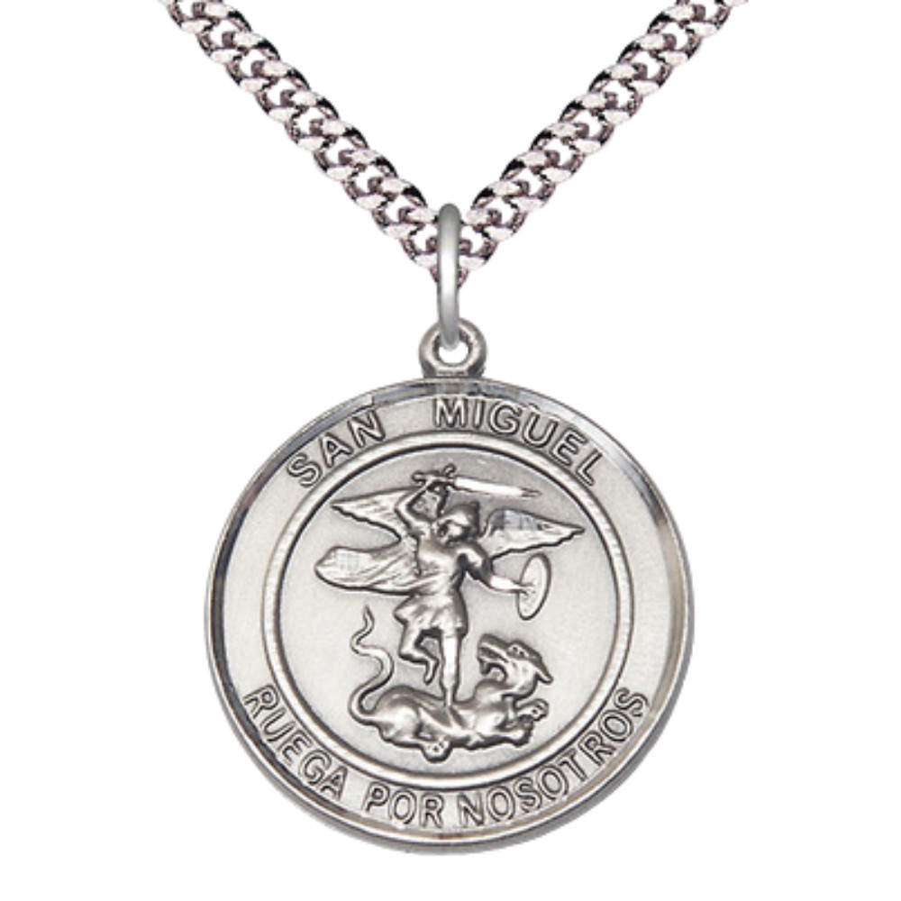Pewter San Miguel Arcangel Catholic Medal Pendant Necklace 24\