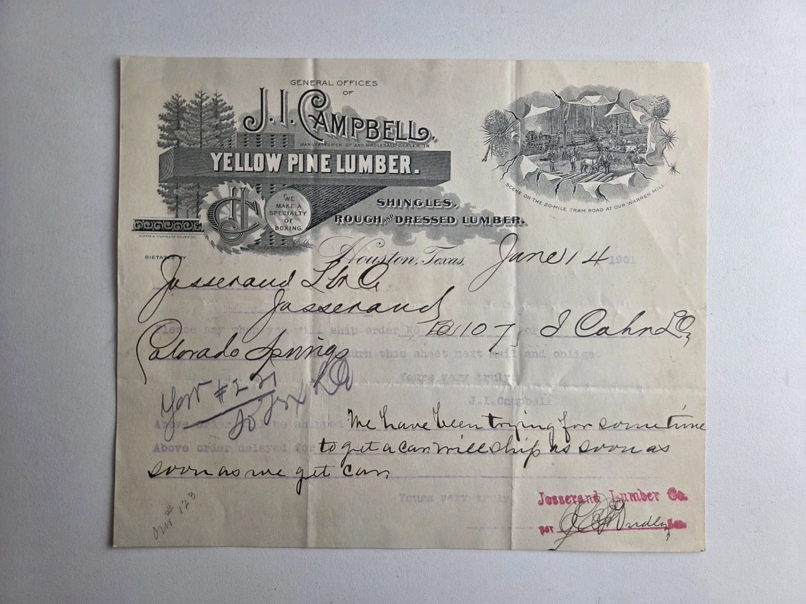 1901 J I Campbell Lumber Letterhead Houston TX Jesserand Logging Railroad