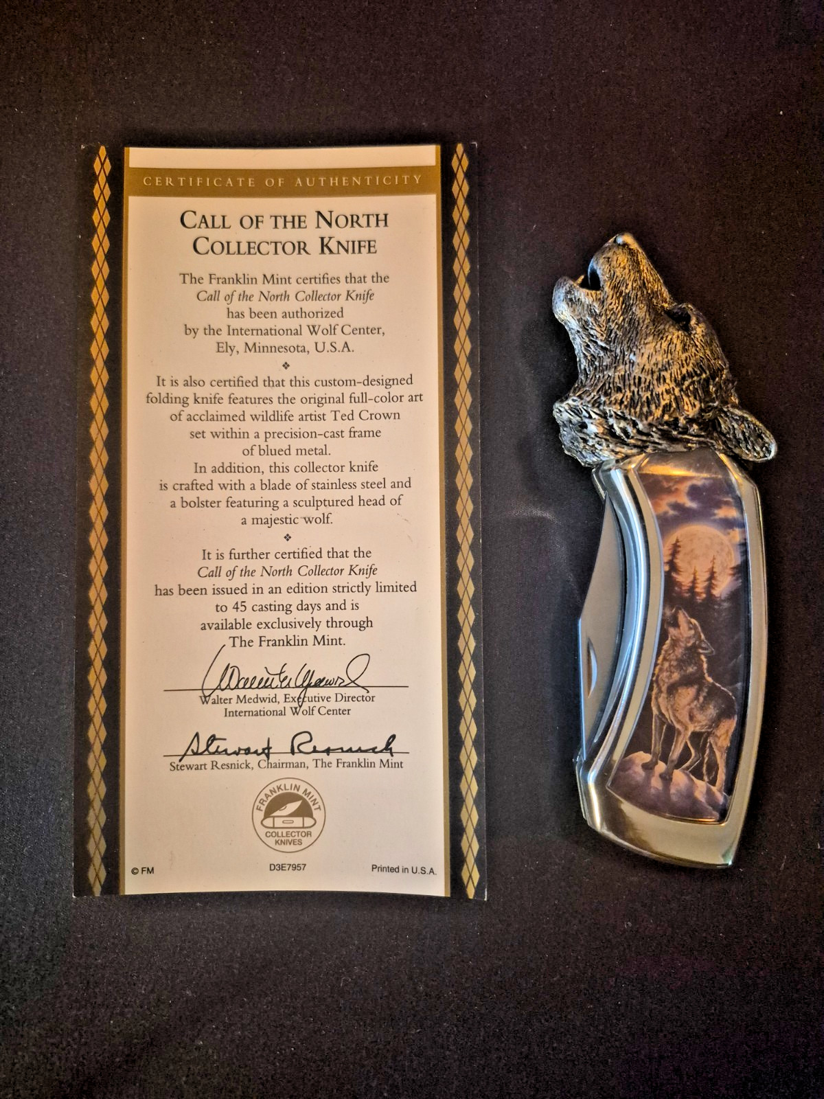 MINT Franklin Mint Call of the North Wolf Knife WITH COA - Rare 3D Howling Po MINT Franklin Mint Call of the North Wolf Knife WITH COA - Rare 3D Howling Po