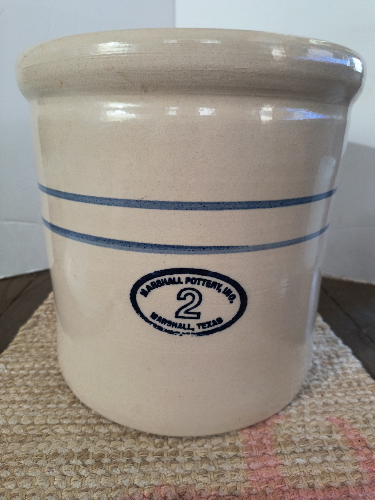 Vintage Marshall Pottery Texas #2 Crock Beige Double Blue Stripe Excellent Vintage Marshall Pottery Texas #2 Crock Beige Double Blue Stripe Excellent