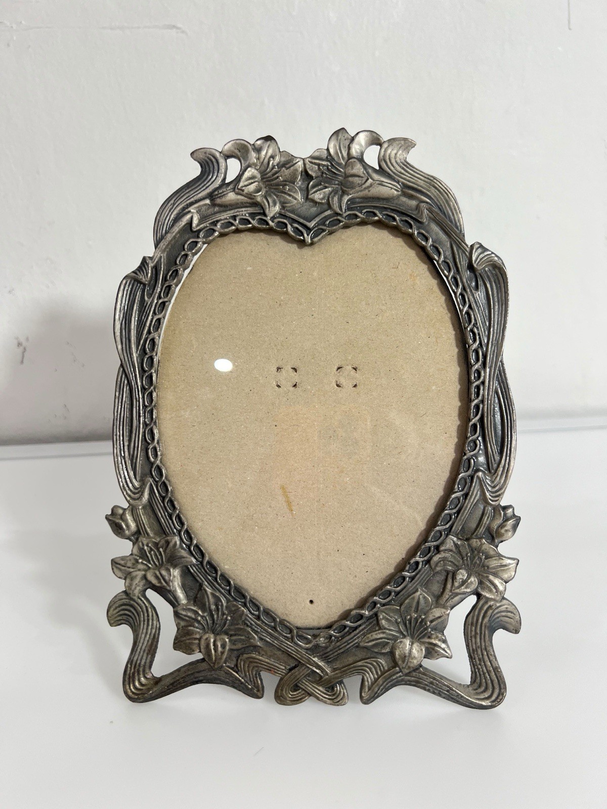 Vintage Heart Shaped Lillies Floral Art Nouveau Pewter Picture Frame