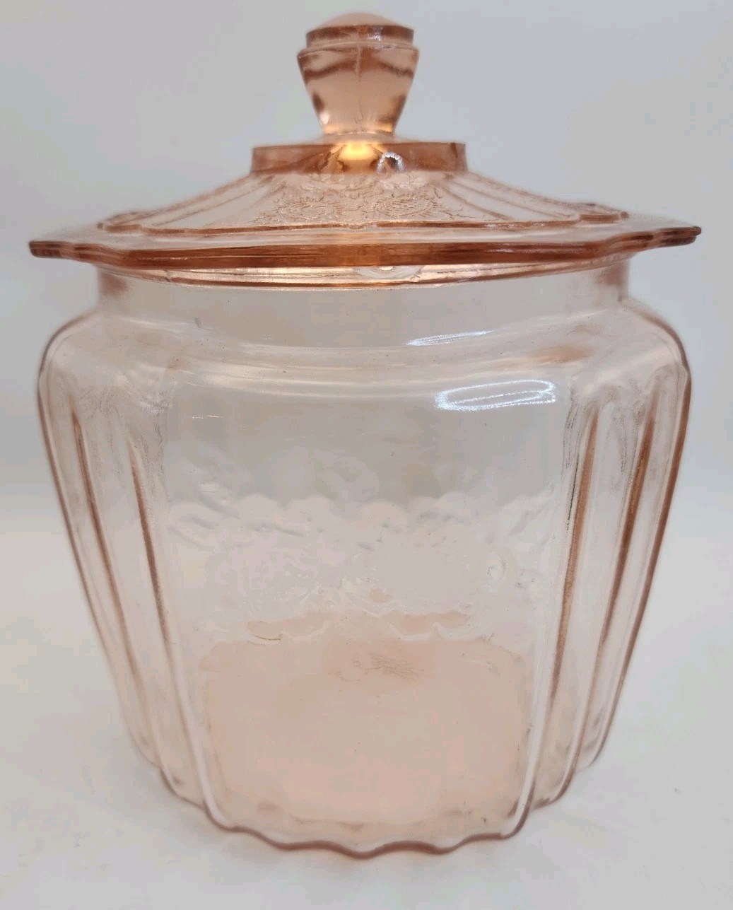 VTG 1930 Anchor Hocking Princess Pink Depression Glass Cookie Jar W/Etched Daisy VTG 1930 Anchor Hocking Princess Pink Depression Glass Cookie Jar W/Etched Daisy