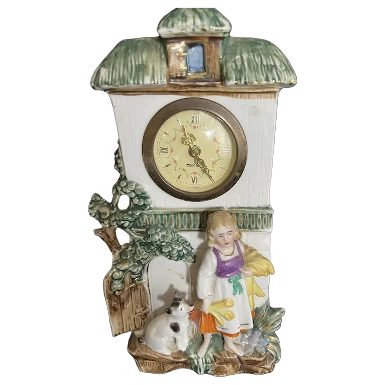 Antique German Porcelain Working Clock Girl & Dog Figural Mercedes 10 Antique German Porcelain Working Clock Girl & Dog Figural Mercedes 10
